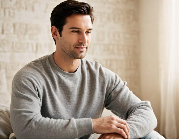 Smiling man in a grey sweater sitting comfortably by a window.